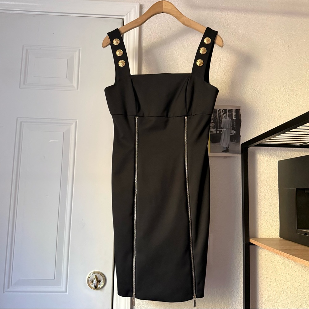 FLAVIO CASTELLANI black zipper detail gold button sleeveless sheath mini dress